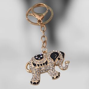 Jeweled Elephant Bag Charm / Keychain with Black Enamel Accents